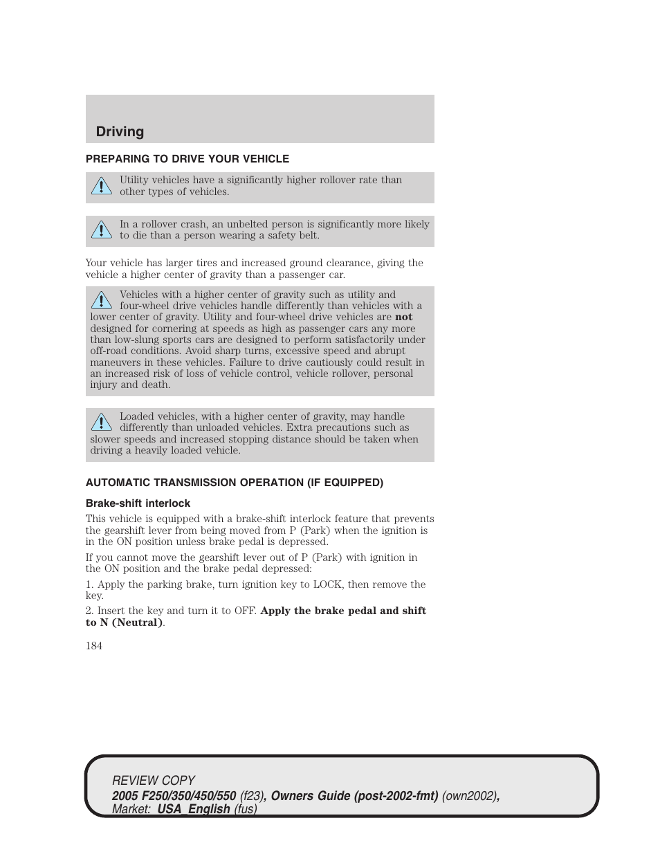 Driving | FORD 2005 F-550 v.1 User Manual | Page 184 / 304