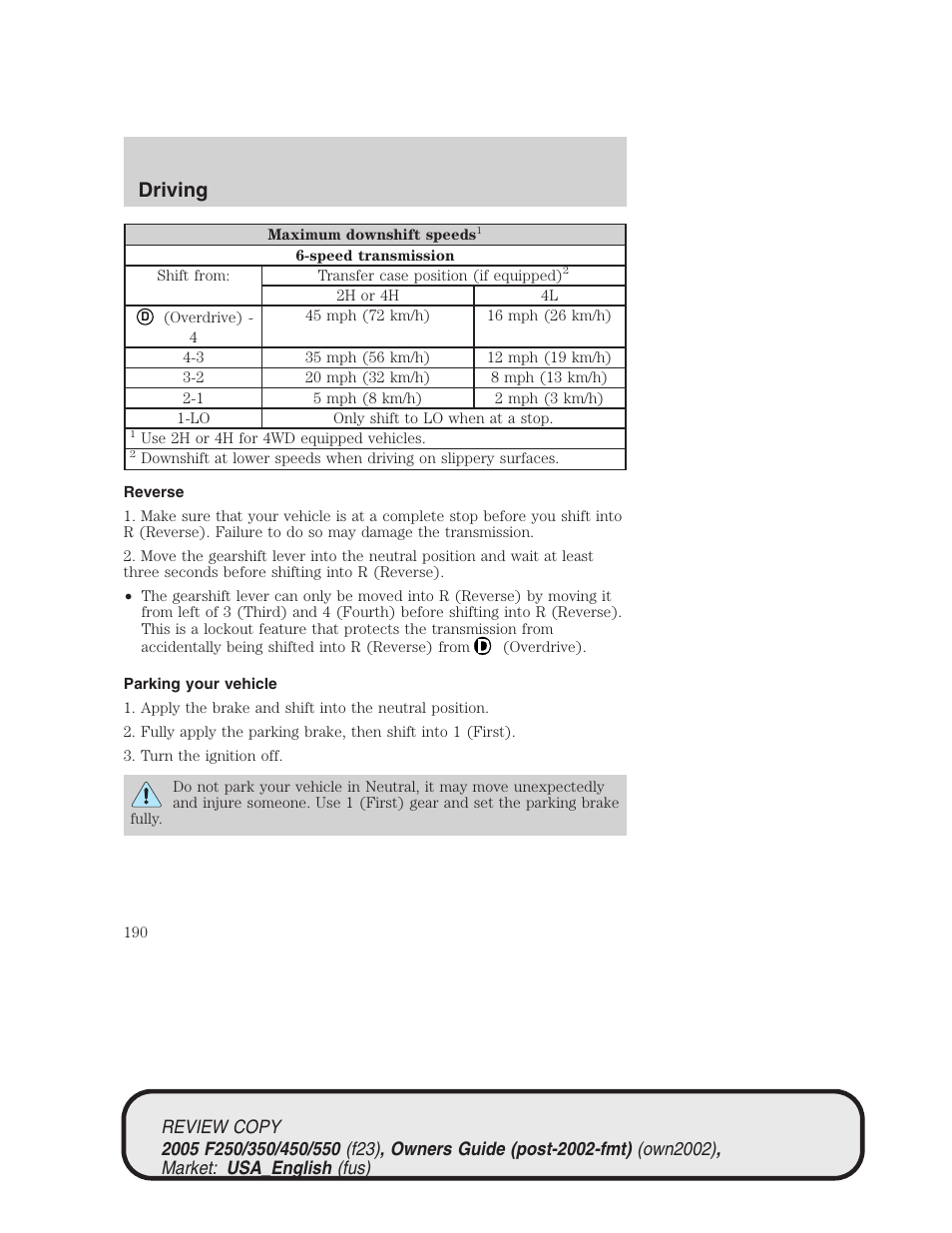 Driving | FORD 2005 F-550 v.1 User Manual | Page 190 / 304