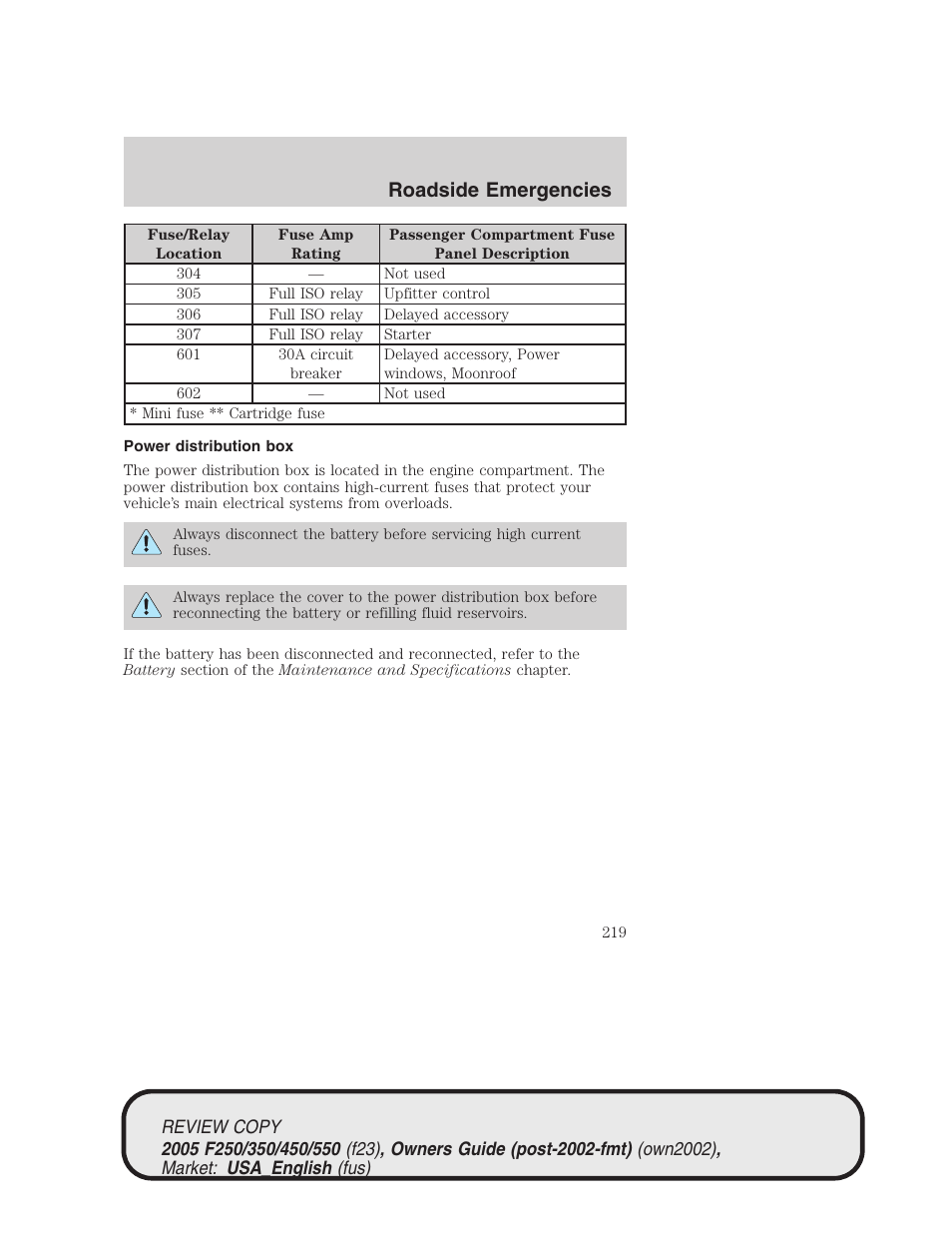 Roadside emergencies | FORD 2005 F-550 v.1 User Manual | Page 219 / 304