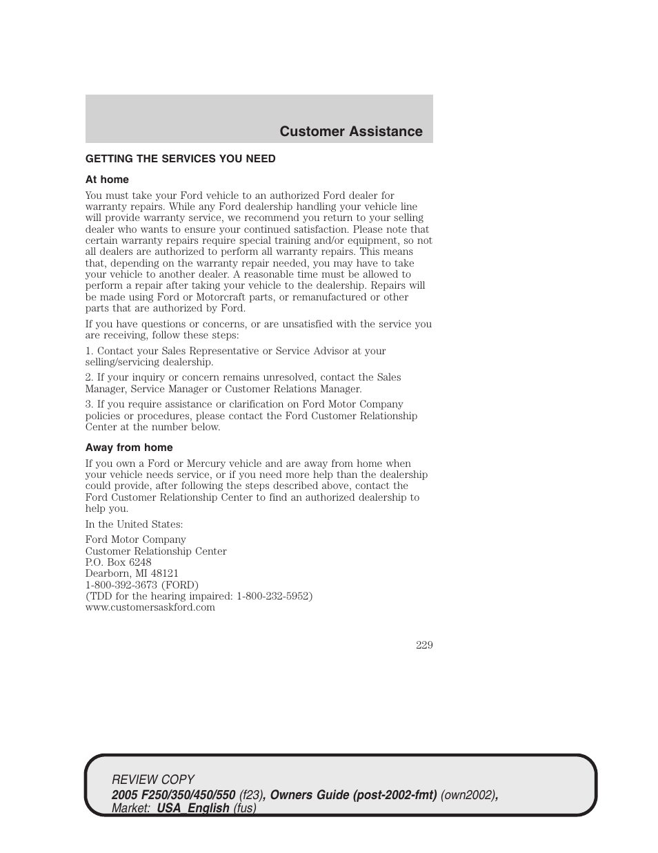 Customer assistance | FORD 2005 F-550 v.1 User Manual | Page 229 / 304