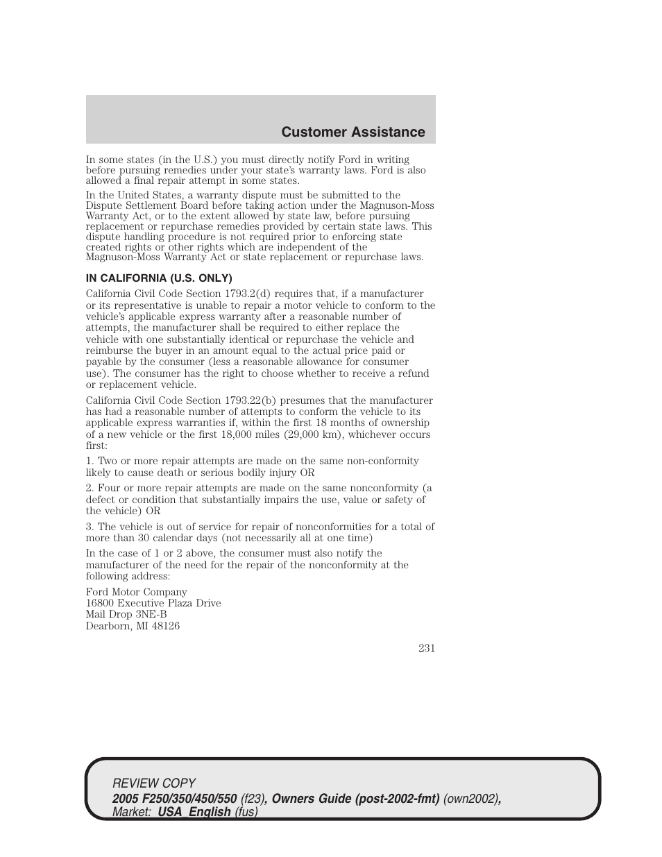 Customer assistance | FORD 2005 F-550 v.1 User Manual | Page 231 / 304