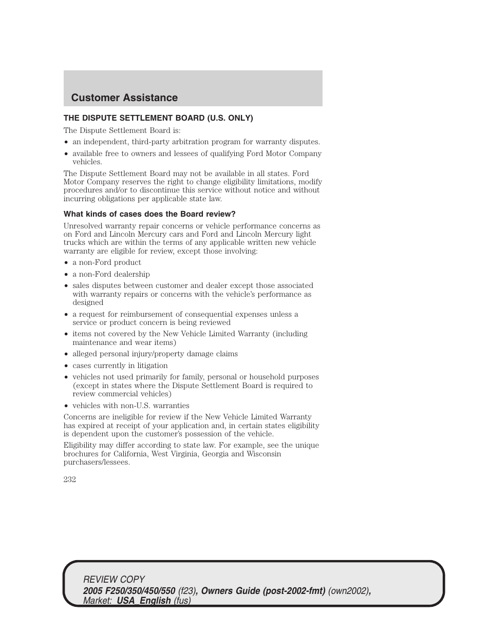 Customer assistance | FORD 2005 F-550 v.1 User Manual | Page 232 / 304