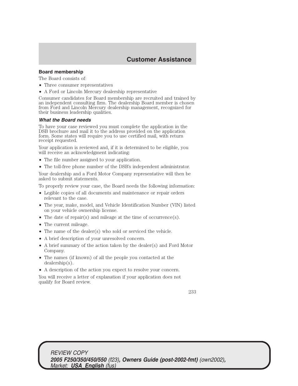 Customer assistance | FORD 2005 F-550 v.1 User Manual | Page 233 / 304