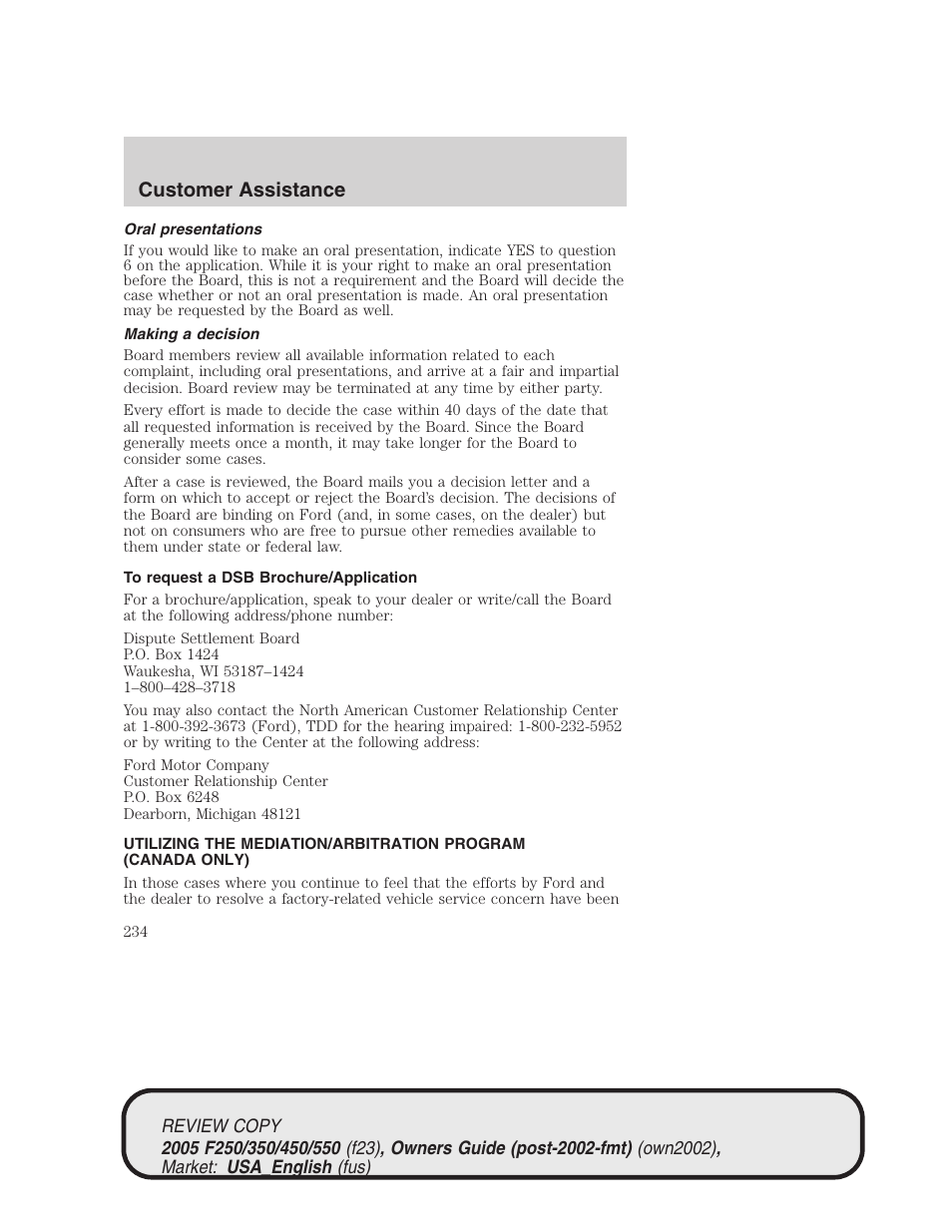 Customer assistance | FORD 2005 F-550 v.1 User Manual | Page 234 / 304