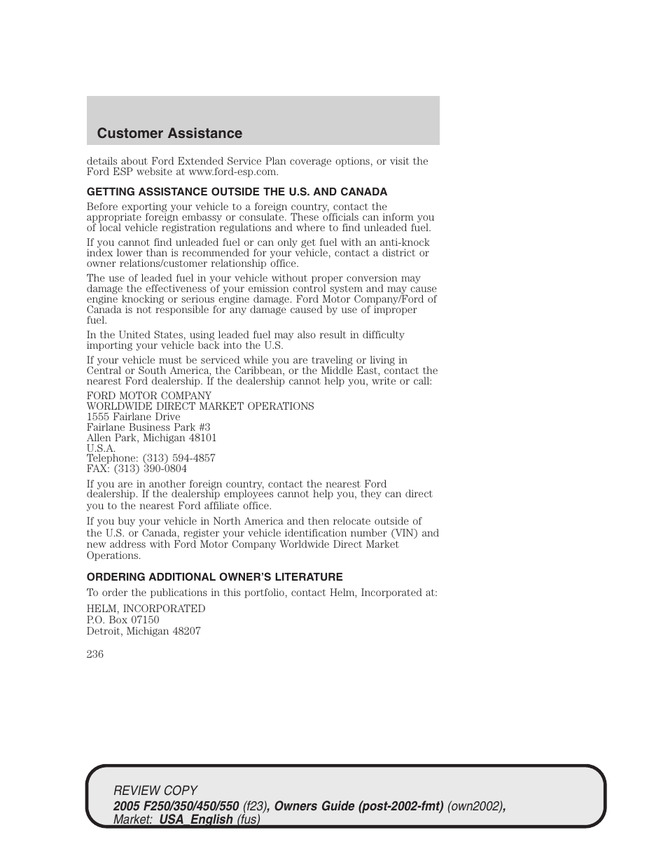 Customer assistance | FORD 2005 F-550 v.1 User Manual | Page 236 / 304