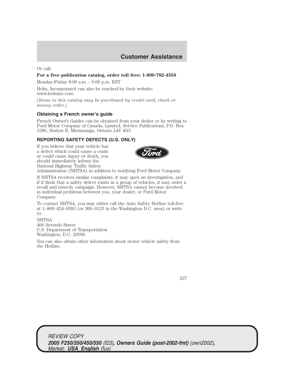 Customer assistance | FORD 2005 F-550 v.1 User Manual | Page 237 / 304