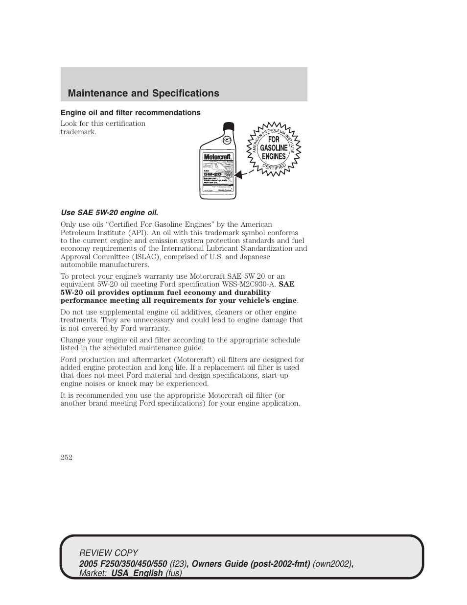 Maintenance and specifications | FORD 2005 F-550 v.1 User Manual | Page 252 / 304