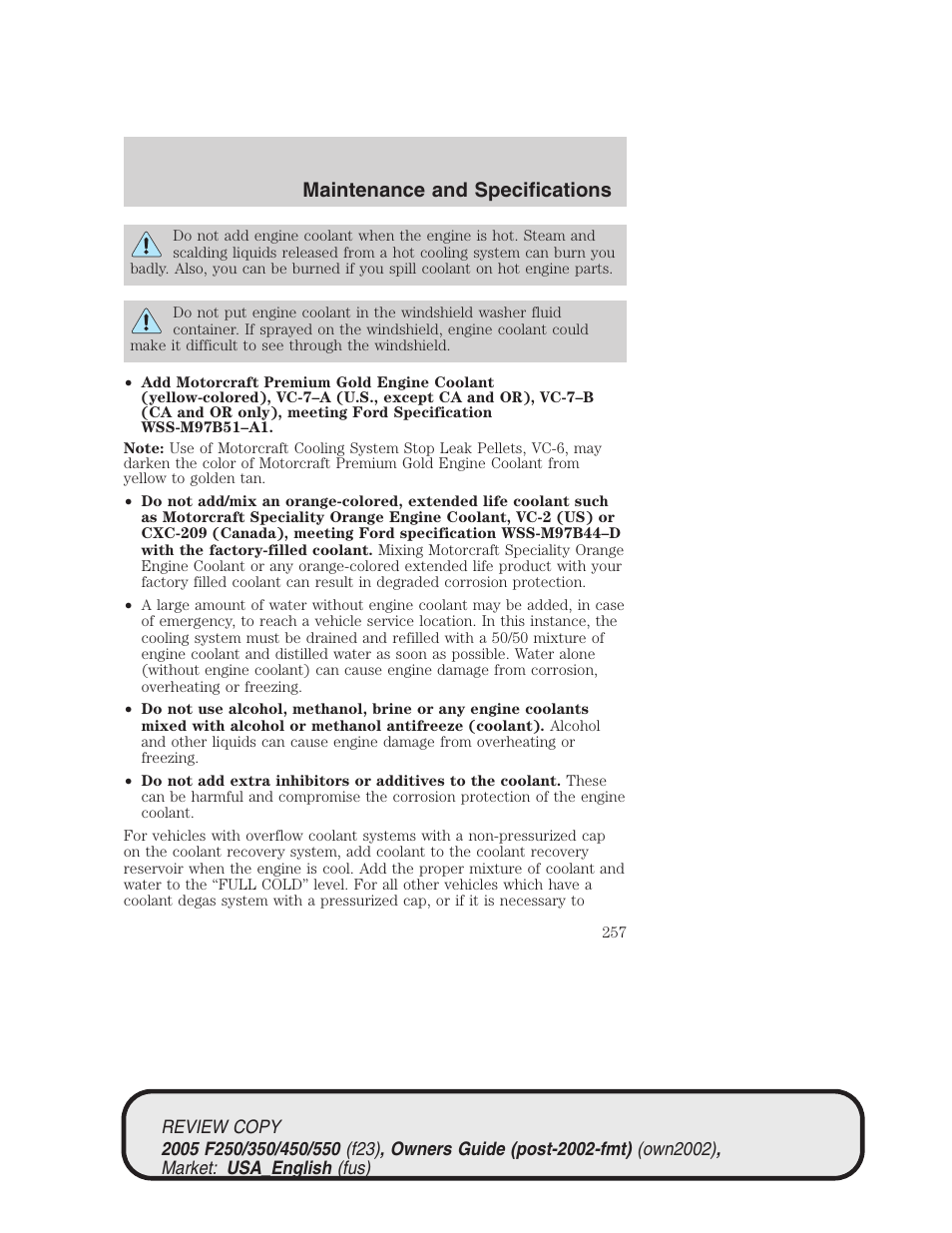 Maintenance and specifications | FORD 2005 F-550 v.1 User Manual | Page 257 / 304