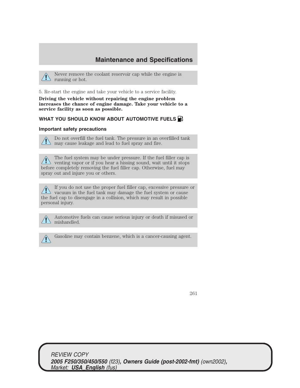 Maintenance and specifications | FORD 2005 F-550 v.1 User Manual | Page 261 / 304