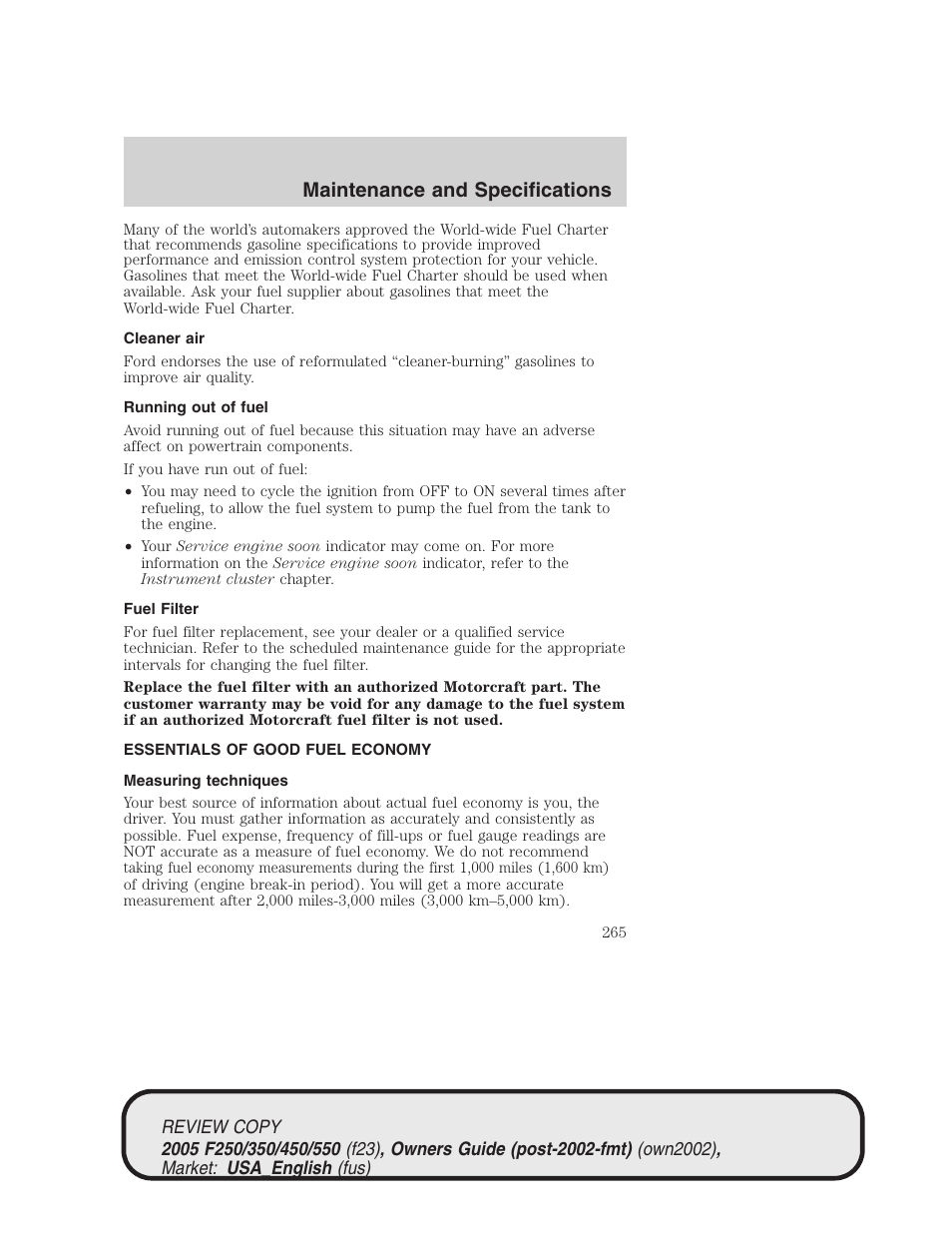 Maintenance and specifications | FORD 2005 F-550 v.1 User Manual | Page 265 / 304