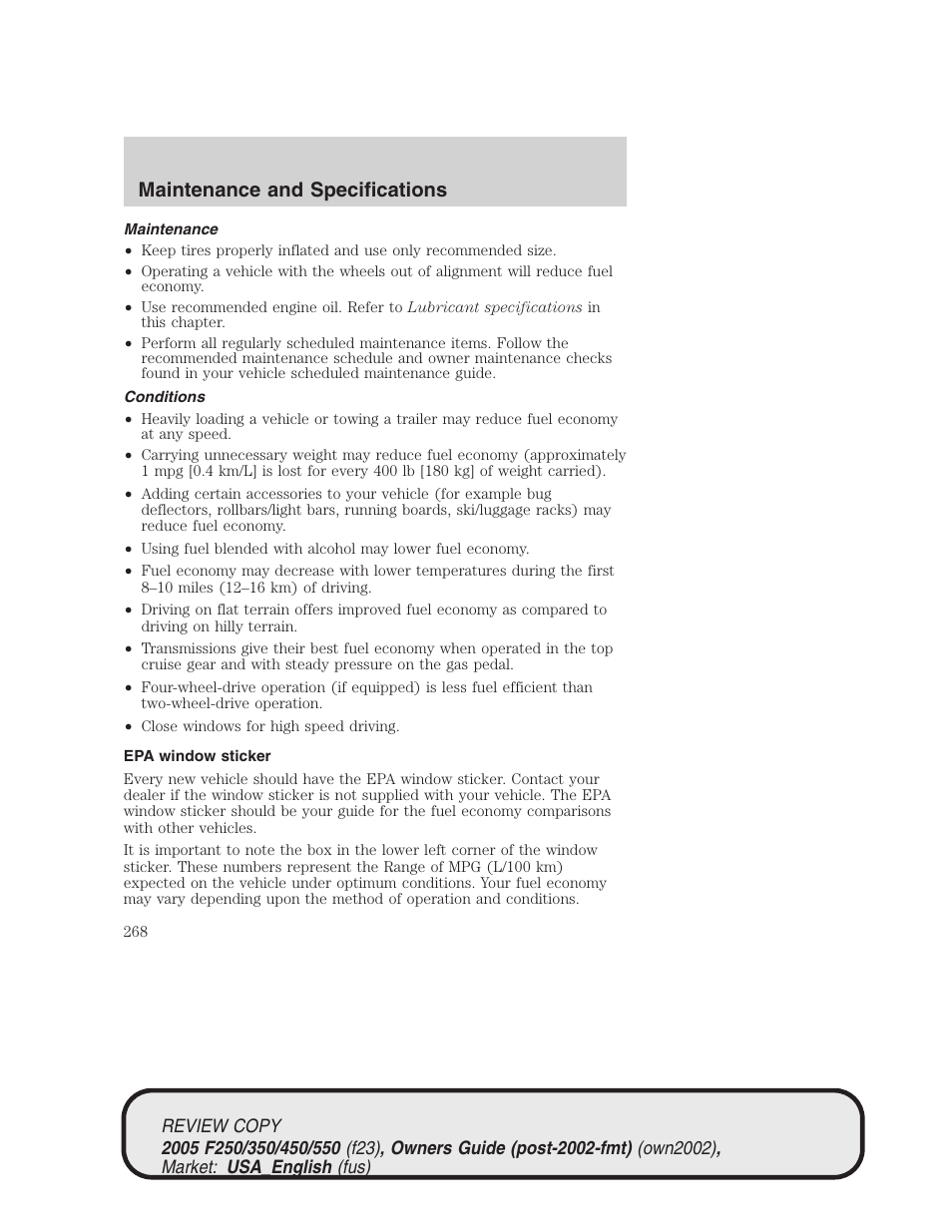 Maintenance and specifications | FORD 2005 F-550 v.1 User Manual | Page 268 / 304