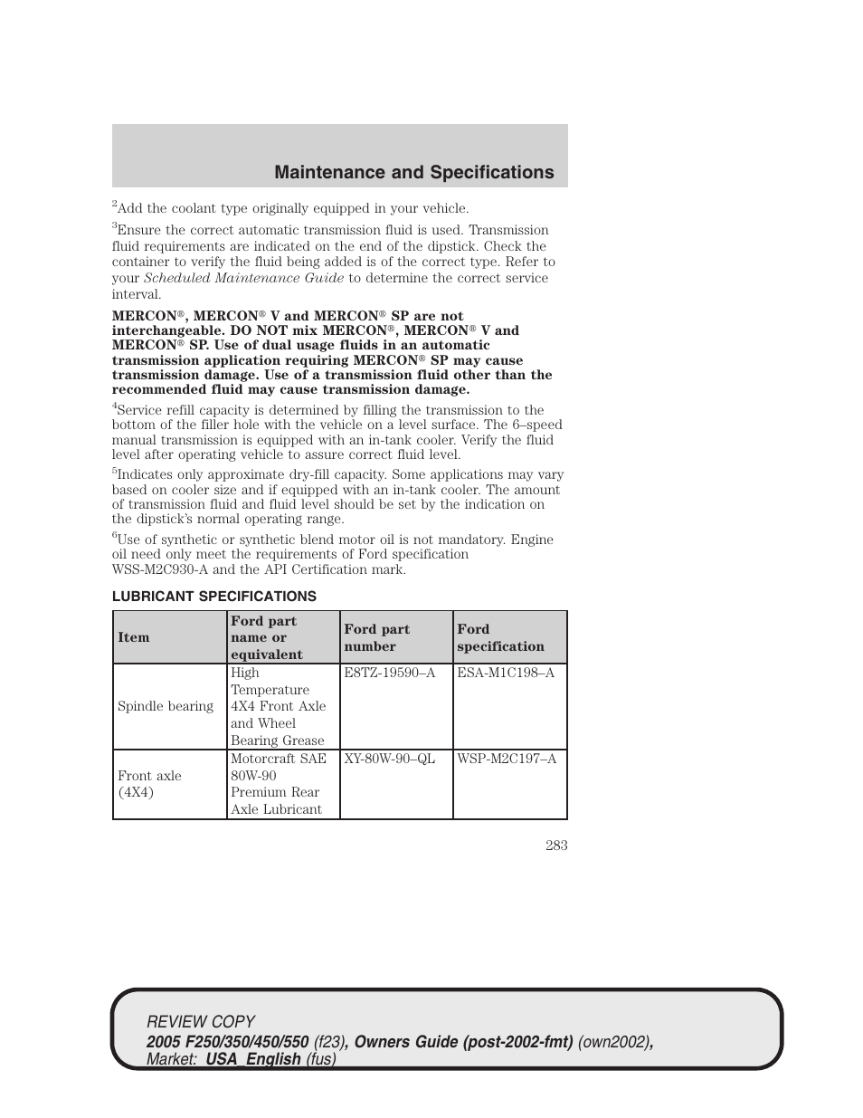 Maintenance and specifications | FORD 2005 F-550 v.1 User Manual | Page 283 / 304