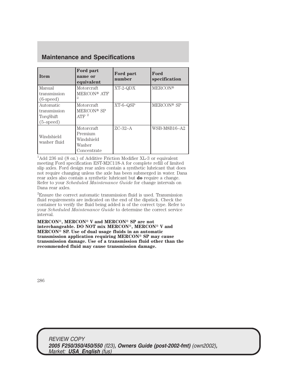 Maintenance and specifications | FORD 2005 F-550 v.1 User Manual | Page 286 / 304