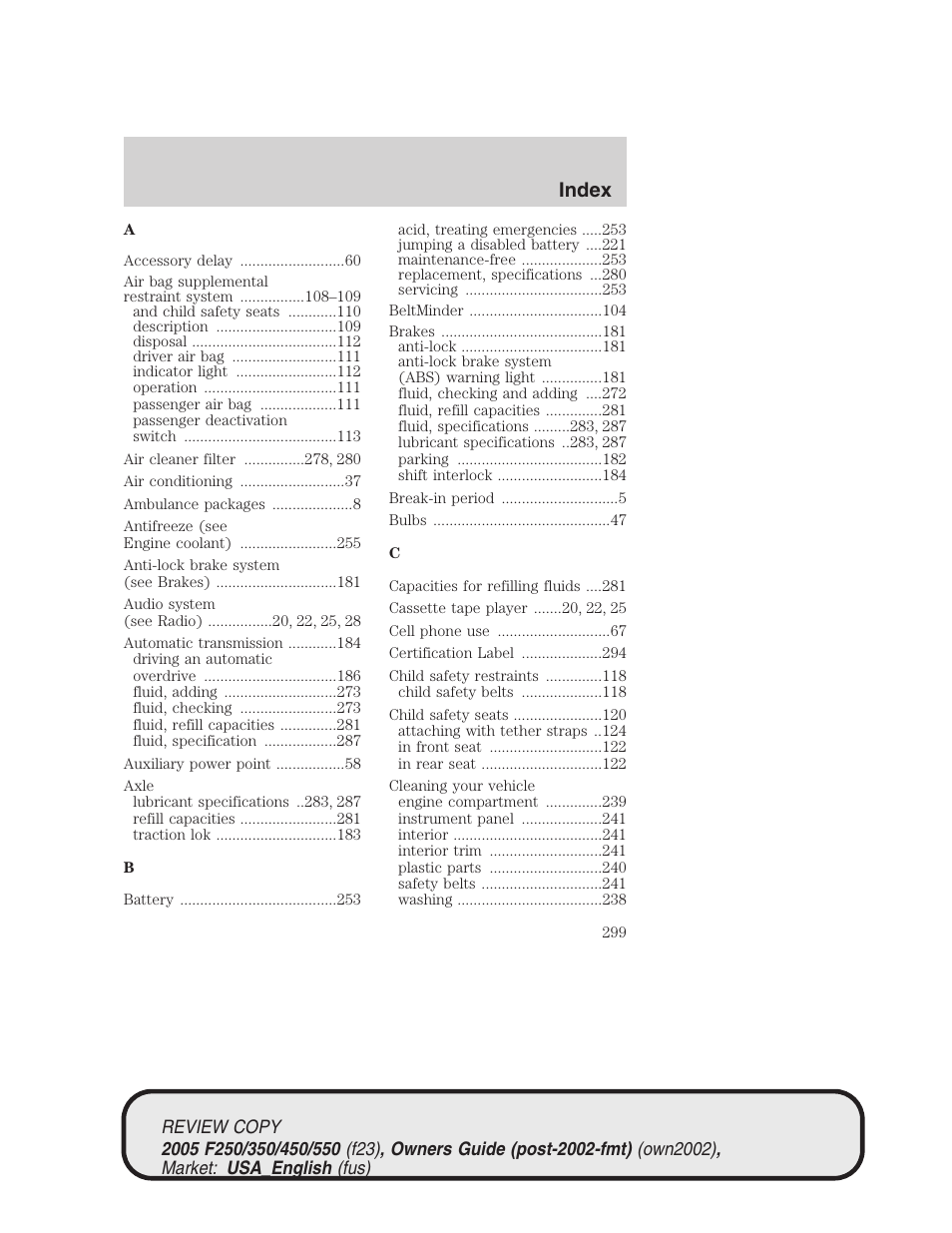 Index | FORD 2005 F-550 v.1 User Manual | Page 299 / 304