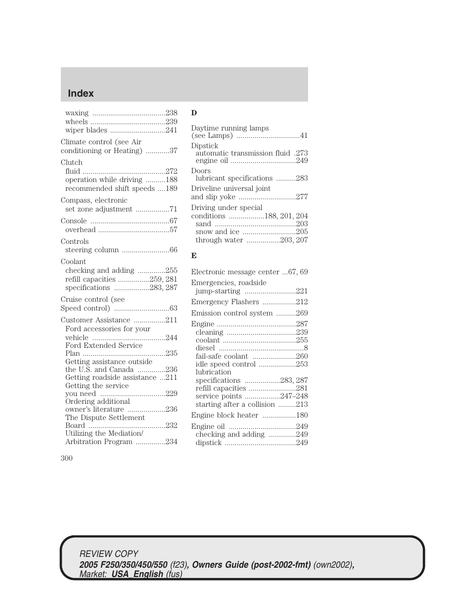 Index | FORD 2005 F-550 v.1 User Manual | Page 300 / 304