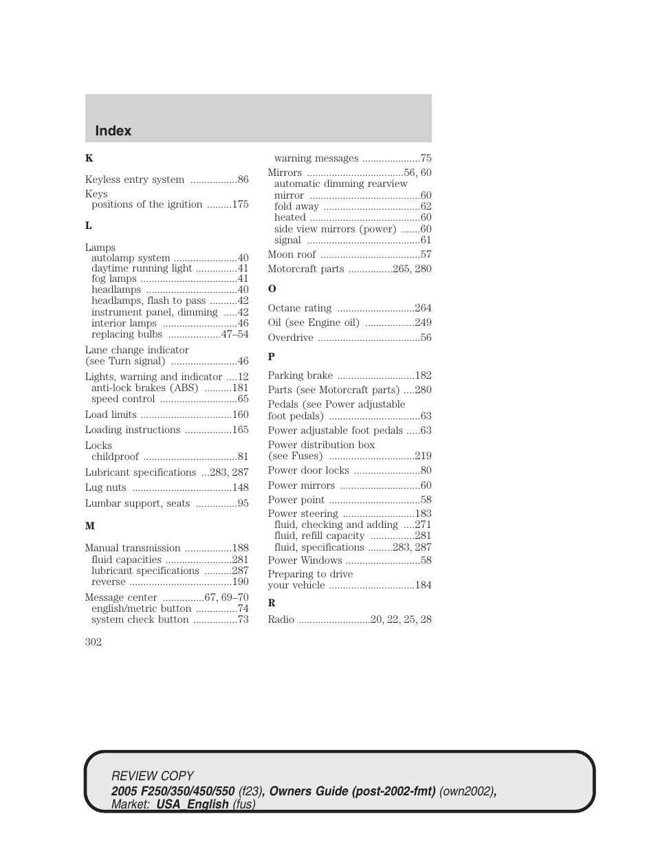 Index | FORD 2005 F-550 v.1 User Manual | Page 302 / 304