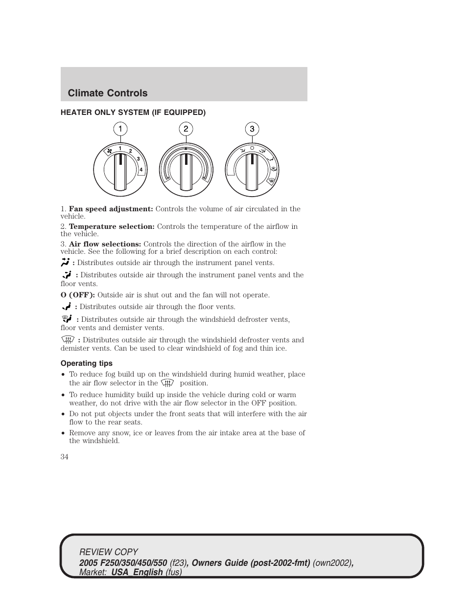 Climate controls | FORD 2005 F-550 v.1 User Manual | Page 34 / 304