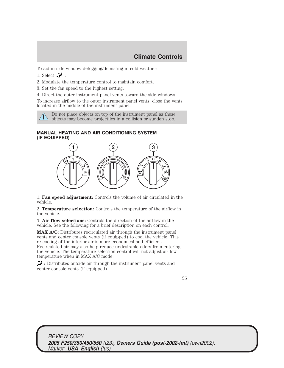 Climate controls | FORD 2005 F-550 v.1 User Manual | Page 35 / 304