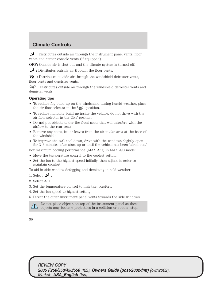 Climate controls | FORD 2005 F-550 v.1 User Manual | Page 36 / 304