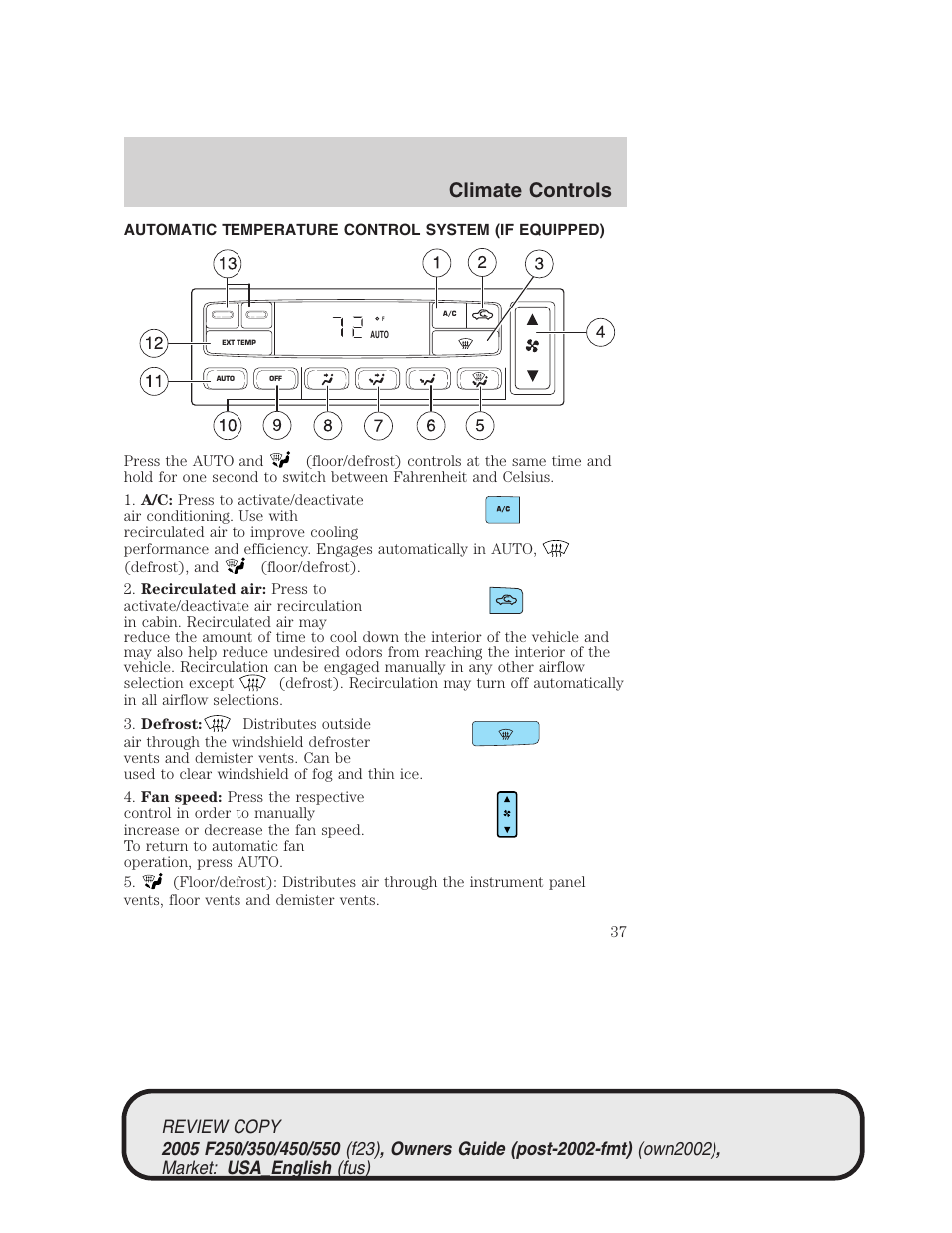 Climate controls | FORD 2005 F-550 v.1 User Manual | Page 37 / 304