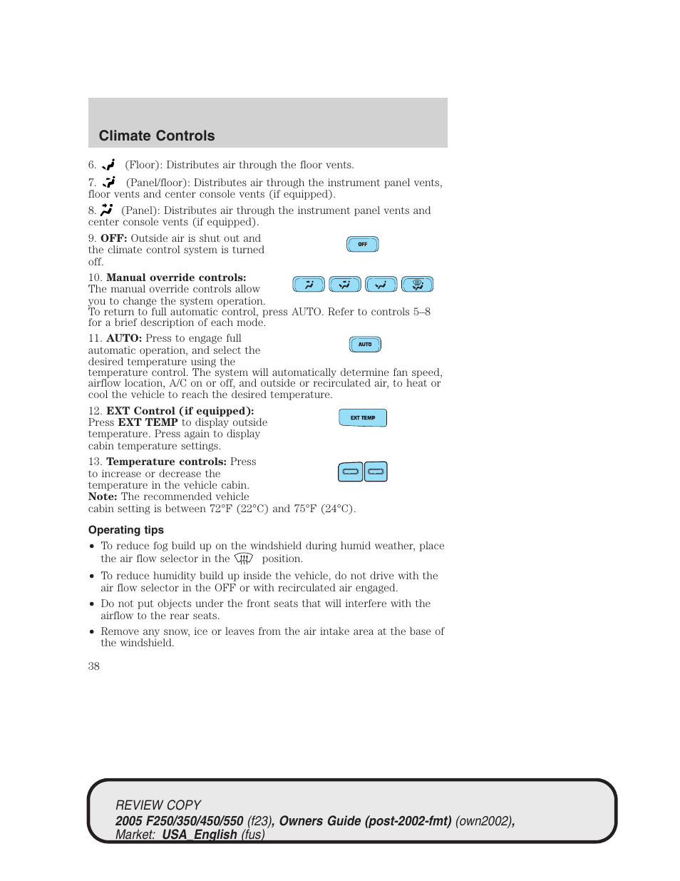 Climate controls | FORD 2005 F-550 v.1 User Manual | Page 38 / 304