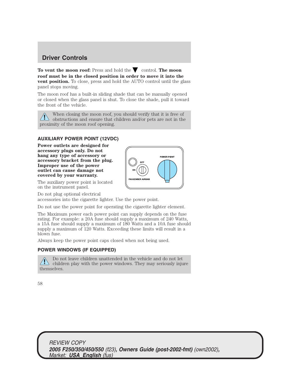 Driver controls | FORD 2005 F-550 v.1 User Manual | Page 58 / 304