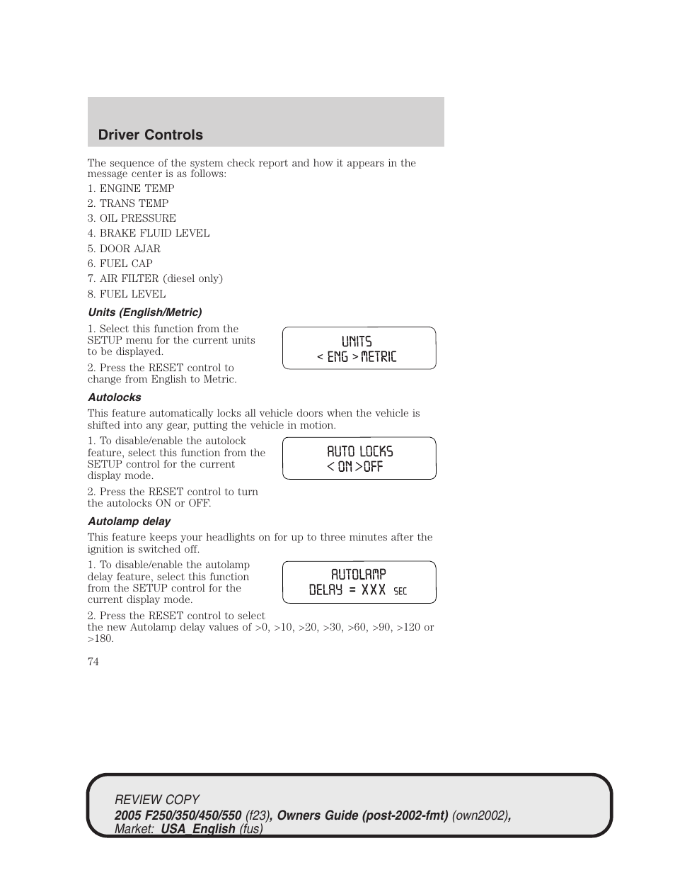 Driver controls | FORD 2005 F-550 v.1 User Manual | Page 74 / 304