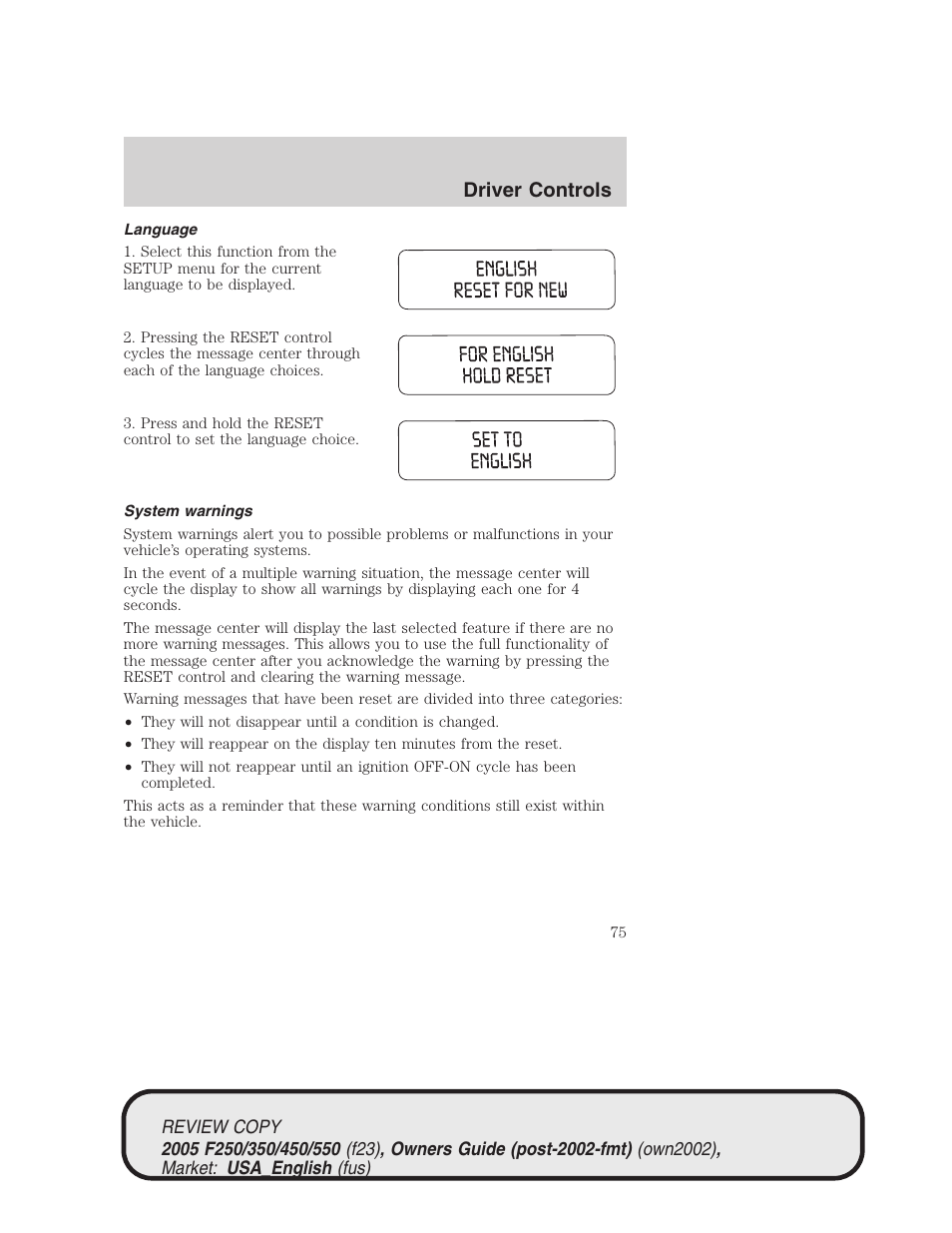 Driver controls | FORD 2005 F-550 v.1 User Manual | Page 75 / 304