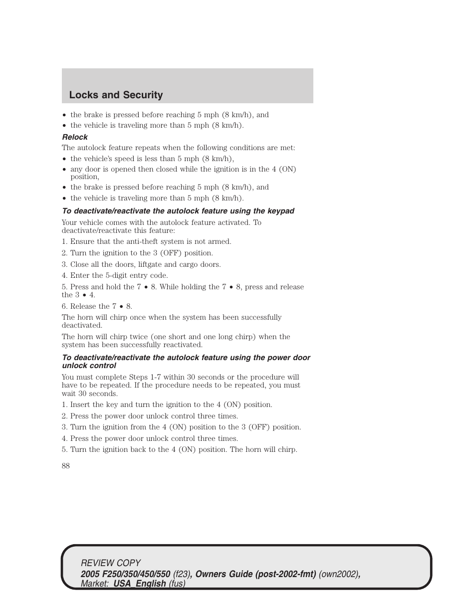 Locks and security | FORD 2005 F-550 v.1 User Manual | Page 88 / 304