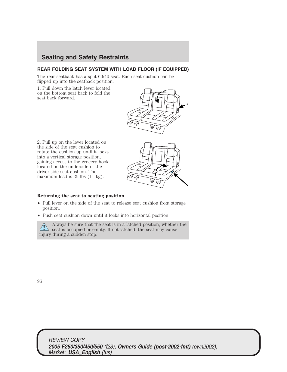 Seating and safety restraints | FORD 2005 F-550 v.1 User Manual | Page 96 / 304