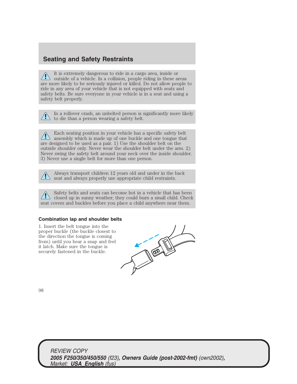 Seating and safety restraints | FORD 2005 F-550 v.1 User Manual | Page 98 / 304