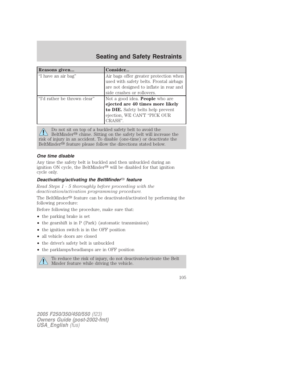 Seating and safety restraints | FORD 2005 F-550 v.2 User Manual | Page 105 / 312