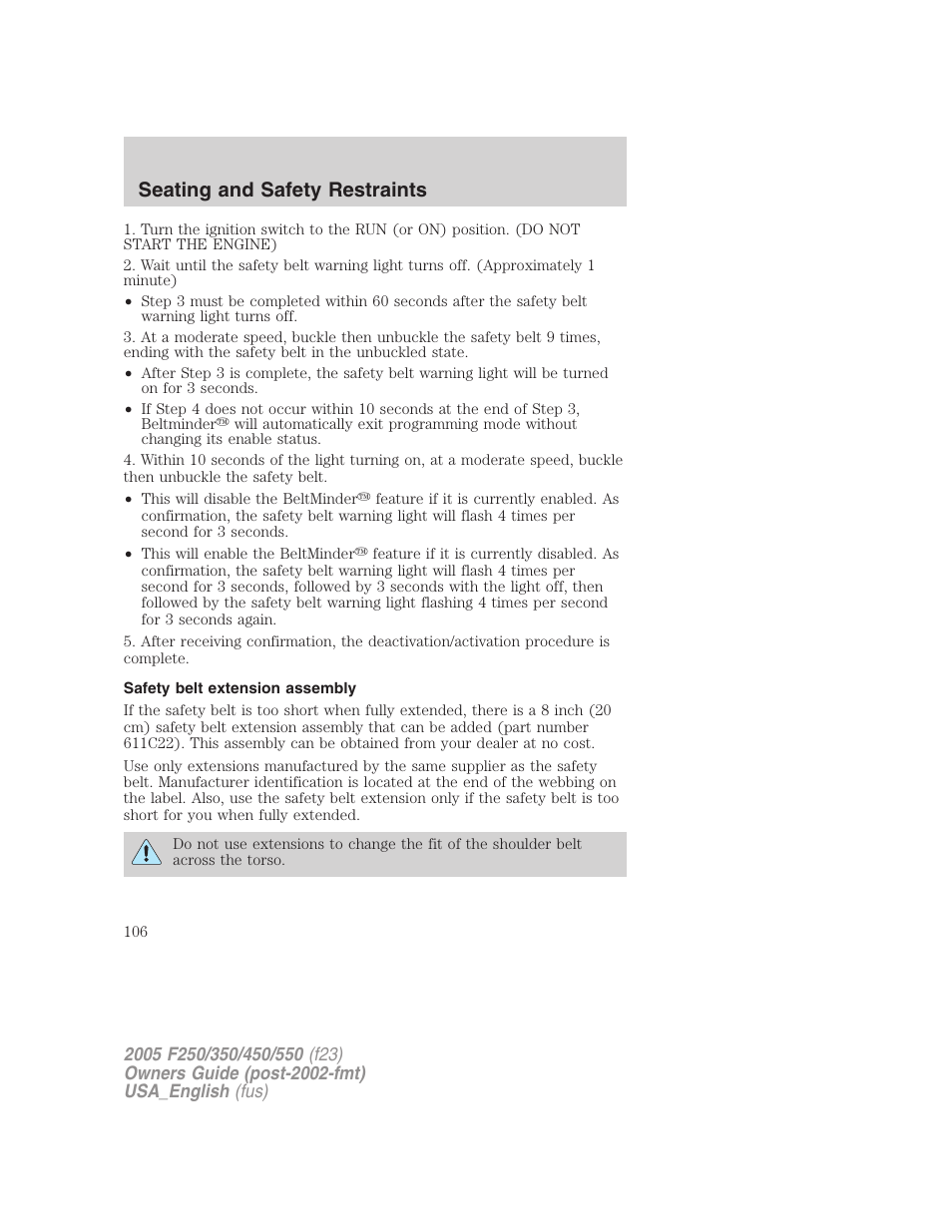 Seating and safety restraints | FORD 2005 F-550 v.2 User Manual | Page 106 / 312