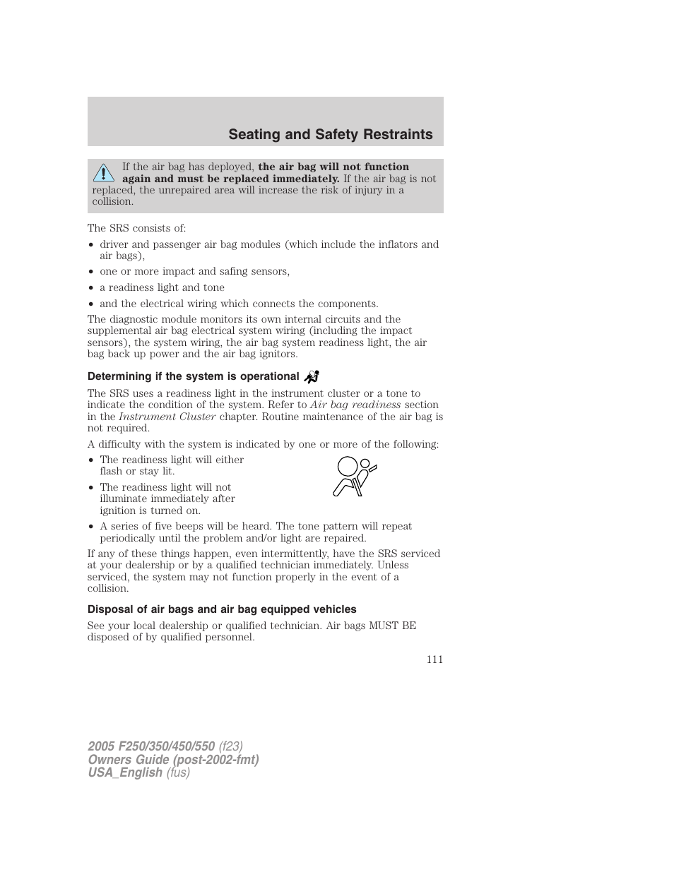 Seating and safety restraints | FORD 2005 F-550 v.2 User Manual | Page 111 / 312