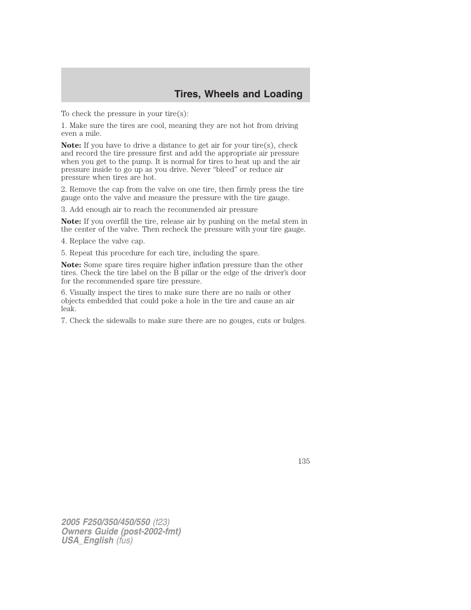 Tires, wheels and loading | FORD 2005 F-550 v.2 User Manual | Page 135 / 312