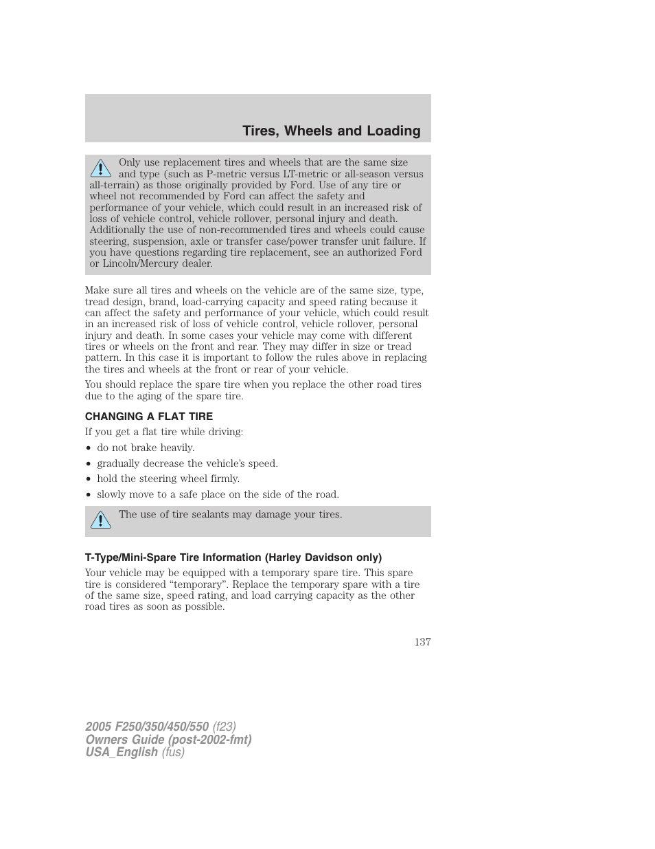 Tires, wheels and loading | FORD 2005 F-550 v.2 User Manual | Page 137 / 312