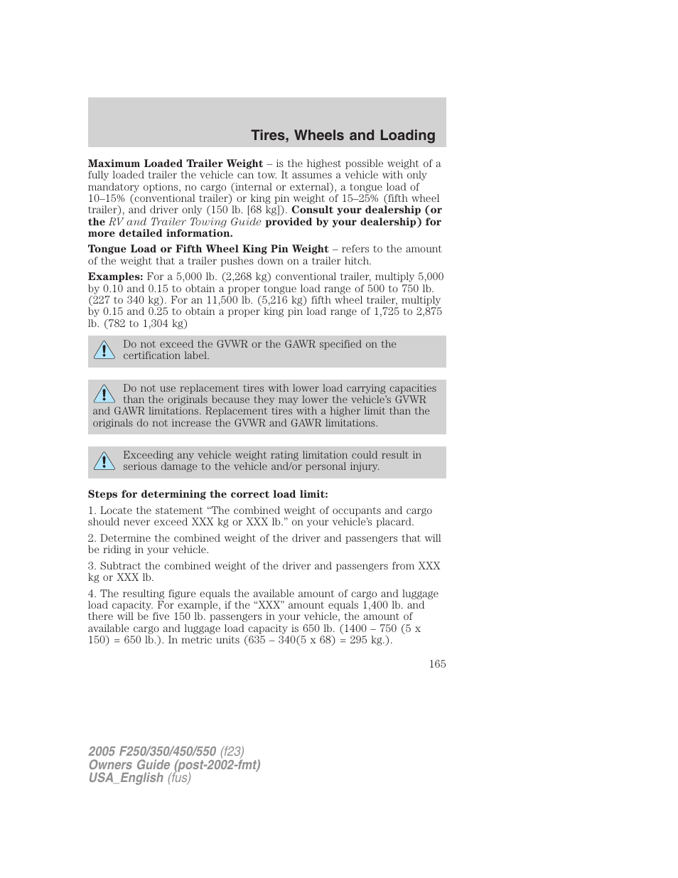 Tires, wheels and loading | FORD 2005 F-550 v.2 User Manual | Page 165 / 312