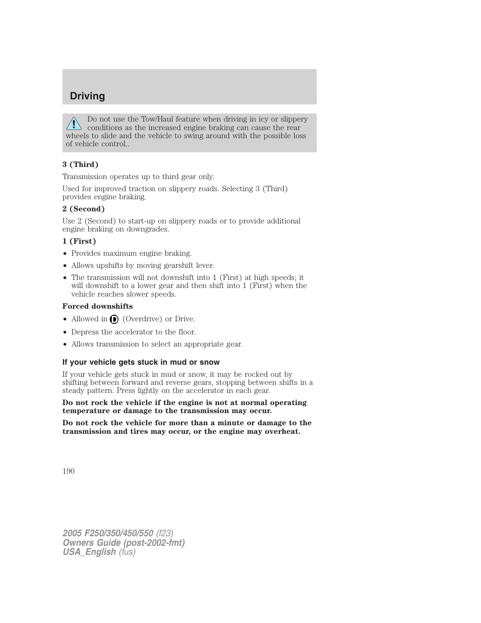 Driving | FORD 2005 F-550 v.2 User Manual | Page 190 / 312