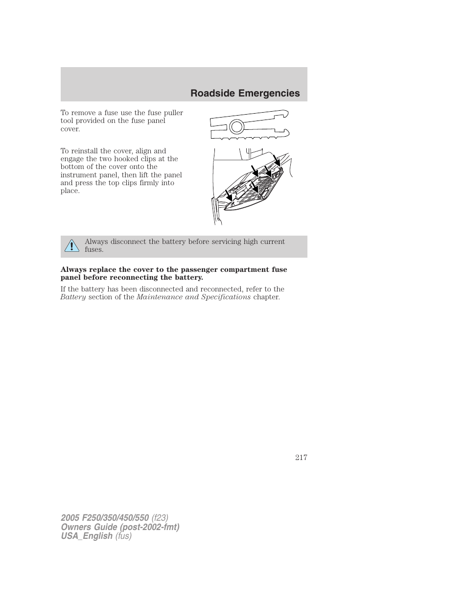Roadside emergencies | FORD 2005 F-550 v.2 User Manual | Page 217 / 312