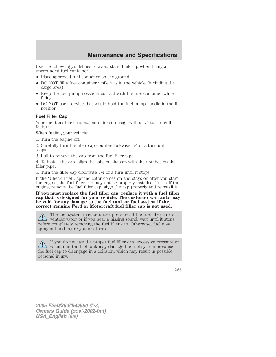 Maintenance and specifications | FORD 2005 F-550 v.2 User Manual | Page 265 / 312