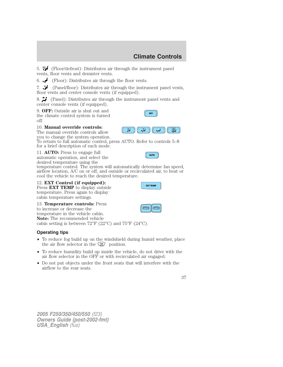 Climate controls | FORD 2005 F-550 v.2 User Manual | Page 37 / 312