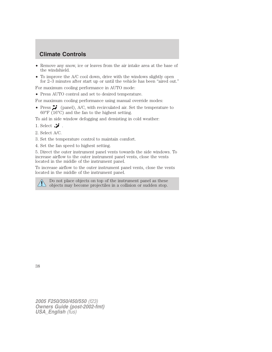 Climate controls | FORD 2005 F-550 v.2 User Manual | Page 38 / 312