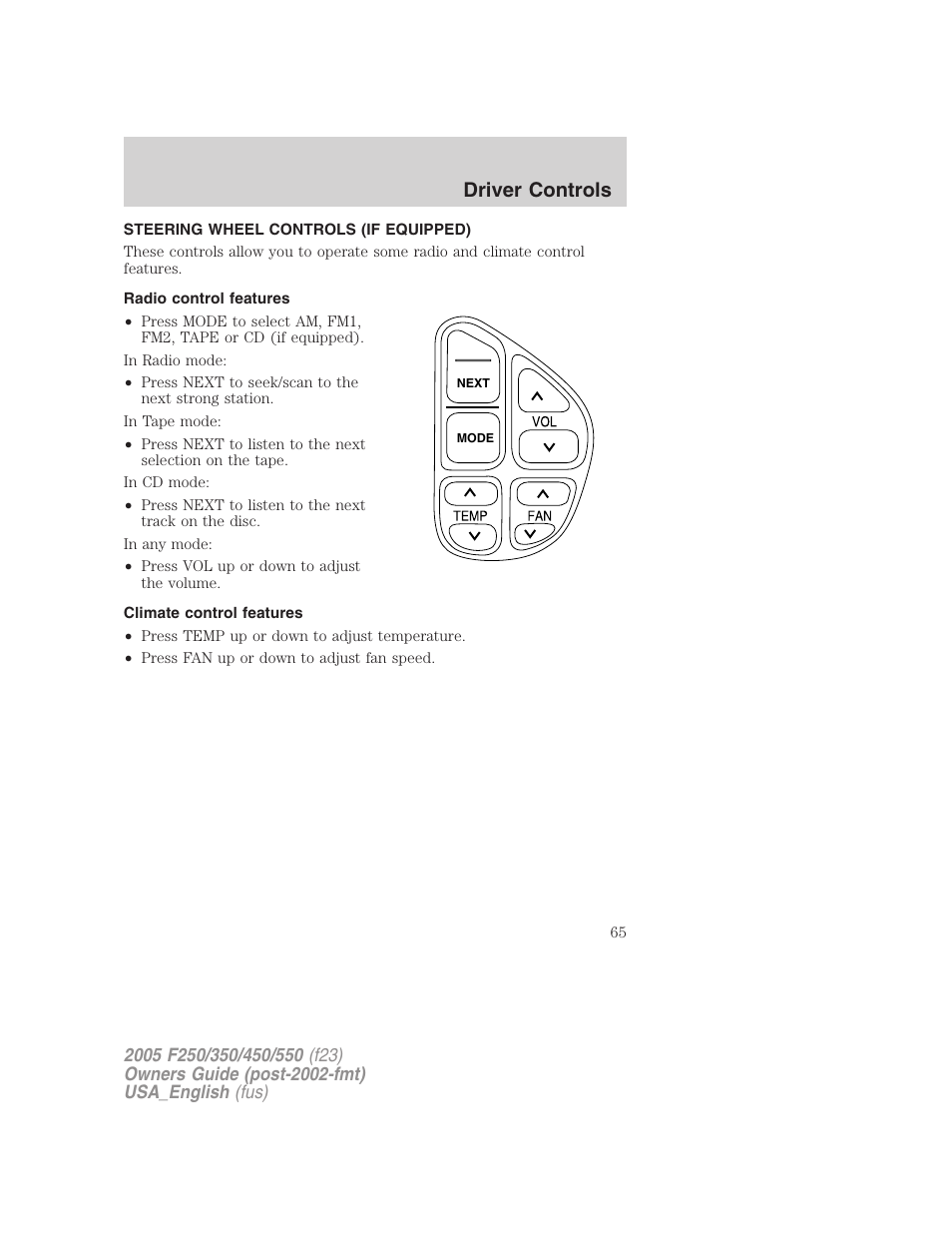 Driver controls | FORD 2005 F-550 v.2 User Manual | Page 65 / 312