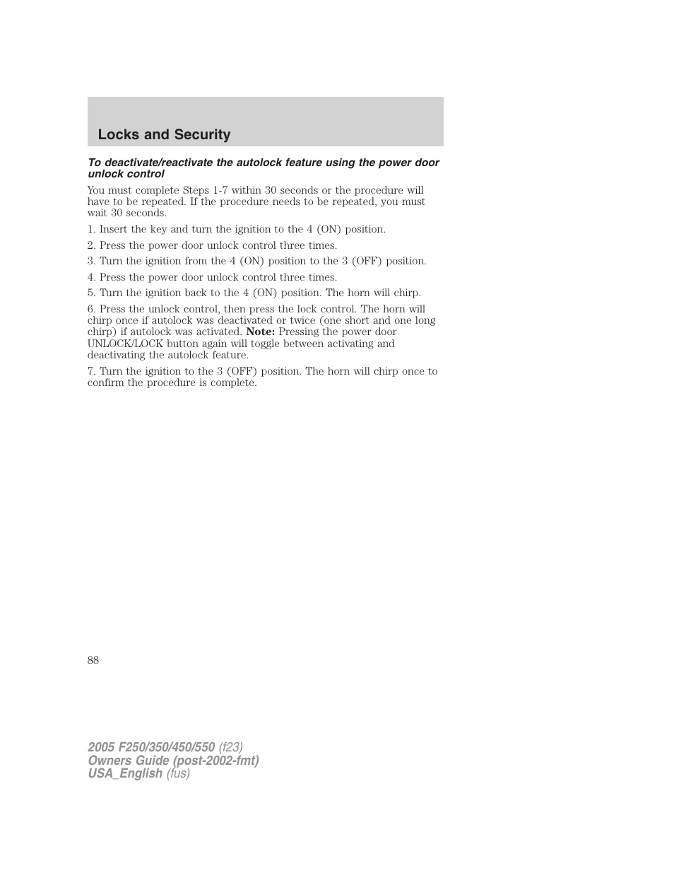 Locks and security | FORD 2005 F-550 v.2 User Manual | Page 88 / 312