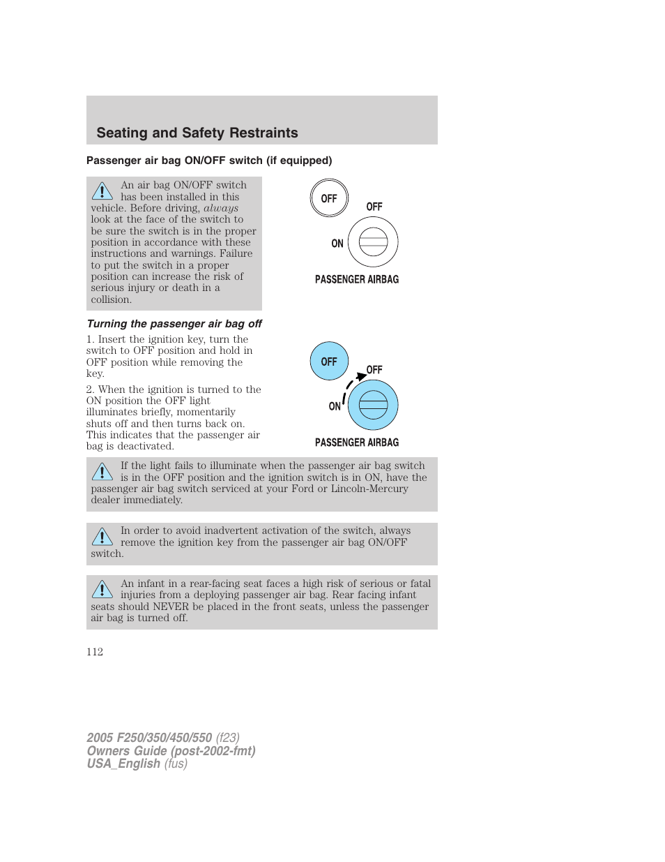 Seating and safety restraints | FORD 2005 F-550 v.3 User Manual | Page 112 / 312