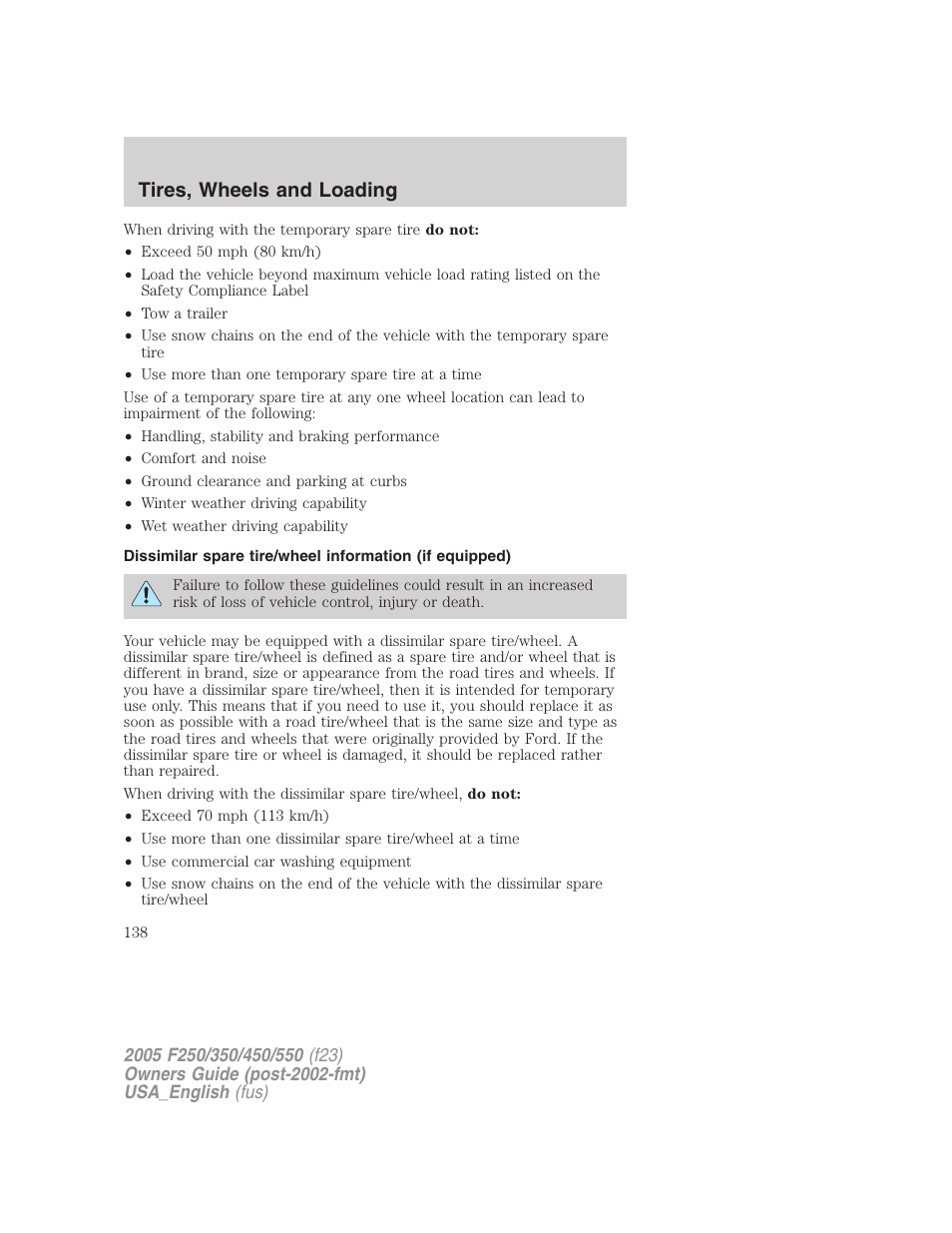 Tires, wheels and loading | FORD 2005 F-550 v.3 User Manual | Page 138 / 312