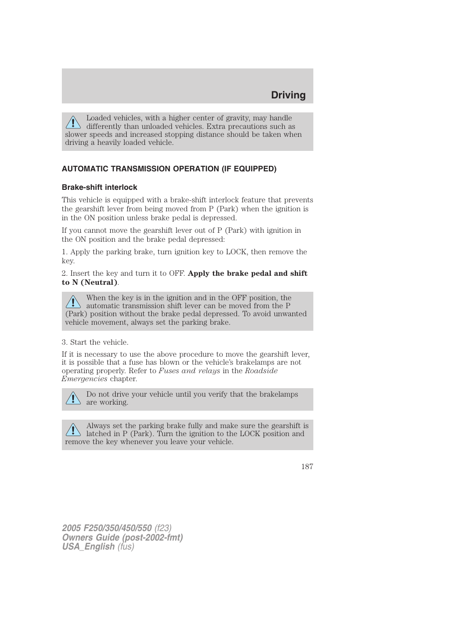 Driving | FORD 2005 F-550 v.3 User Manual | Page 187 / 312