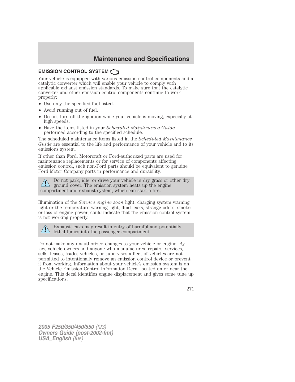 Maintenance and specifications | FORD 2005 F-550 v.3 User Manual | Page 271 / 312