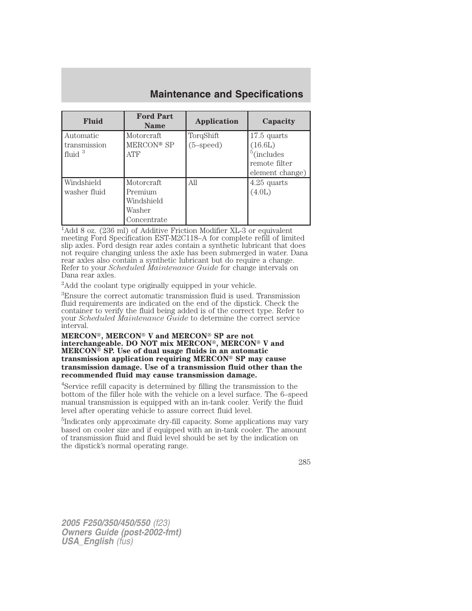 Maintenance and specifications | FORD 2005 F-550 v.3 User Manual | Page 285 / 312
