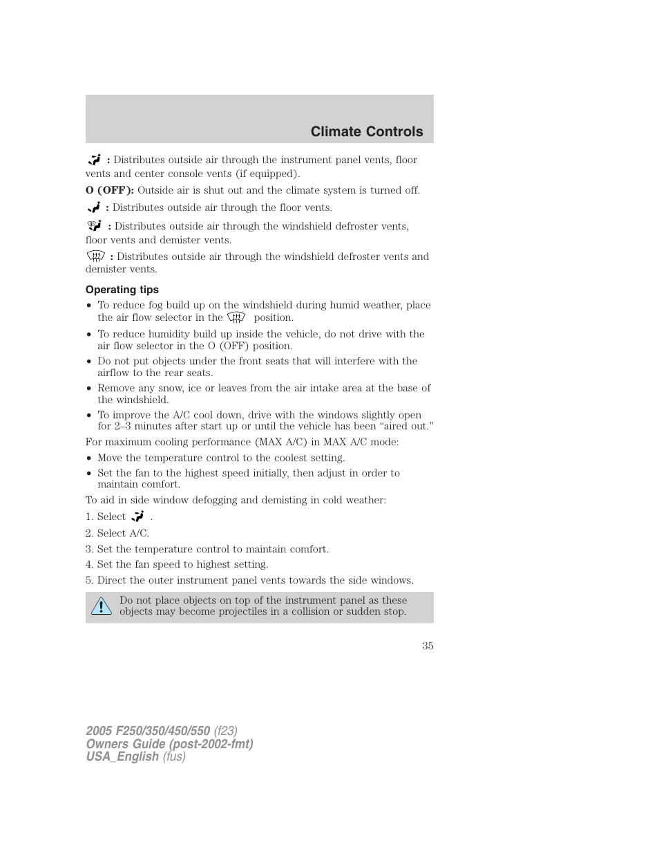 Climate controls | FORD 2005 F-550 v.3 User Manual | Page 35 / 312